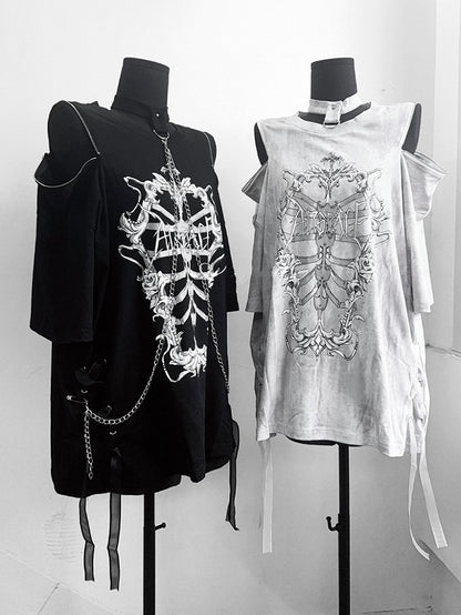 Choker T-Shirt Ribcage Gothic Shoulder Chain Coffin Print with Zip Detachable Convertible Black