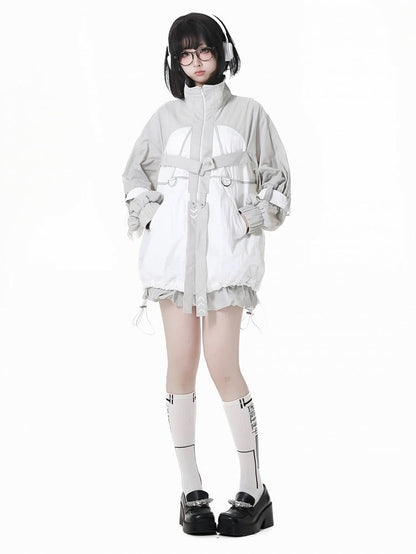 and White Techwear Sun Protection Jacket Gray Hem Colorblock Drawstring