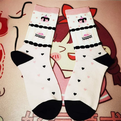 Sweet Lolita Cake Strawberry Bowknot Print Calf Socks