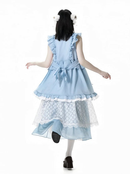 Blue Elastic Waist Floral Pattern Lace Skirt