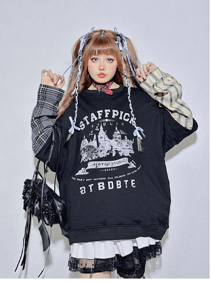 Black Plaid Round Neck Letter Fake Two-piece Sweatshirt