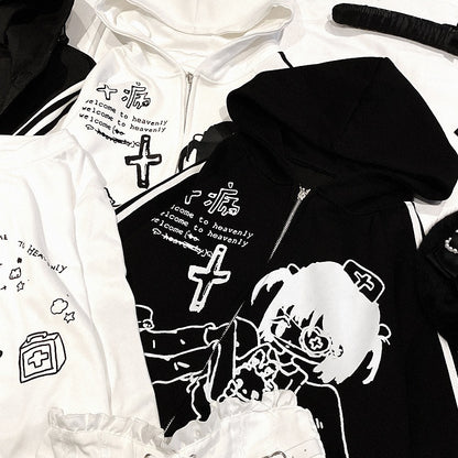 Jirai Kei White/Black Yami Kawaii Angel Girl Zip Hoodie