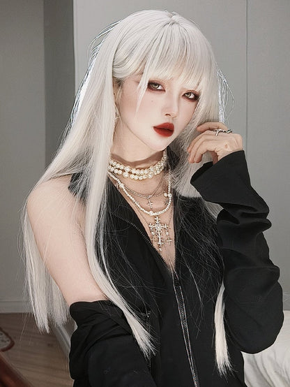 White Hime Cut Long Straight Synthetic Wig