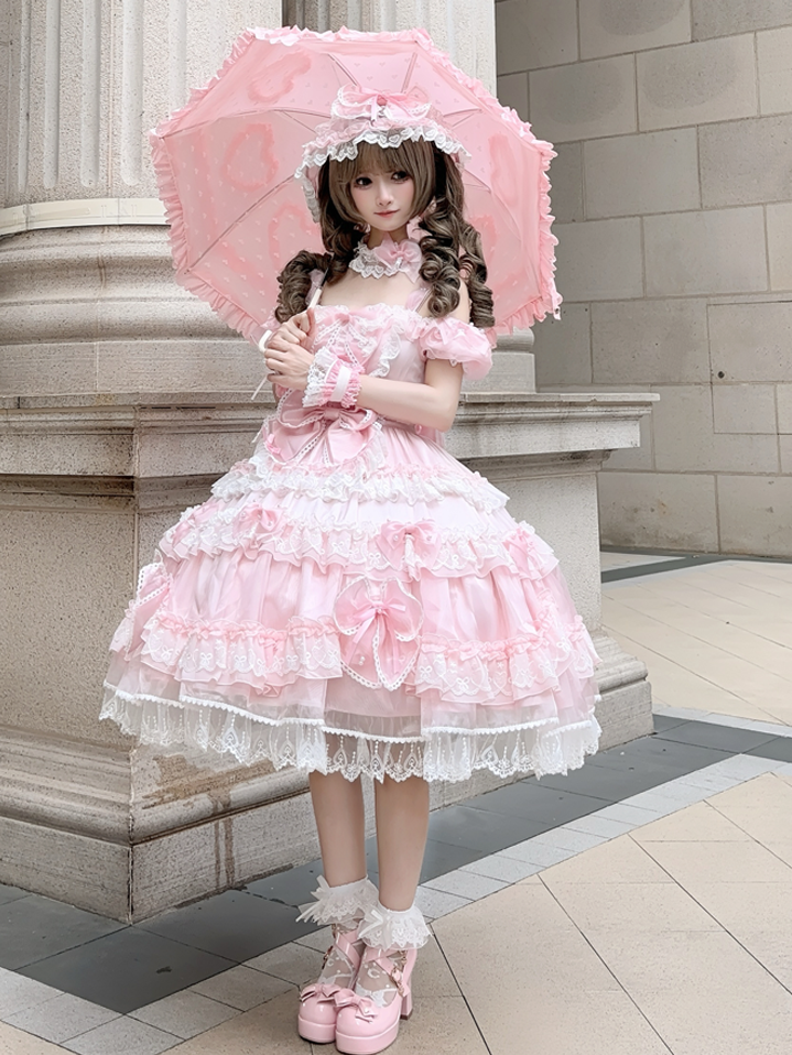 Sweet Lolita Princess Bead Dress Bow and at Back with Pink Big Accents Details