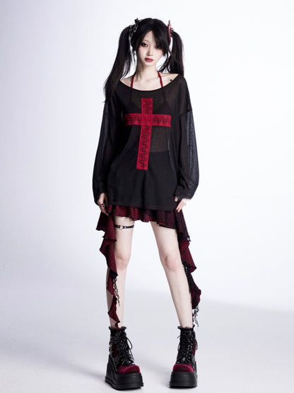 with Lace Cross  Red Asymmetrical Neckline Black Sun Protection Coverup
