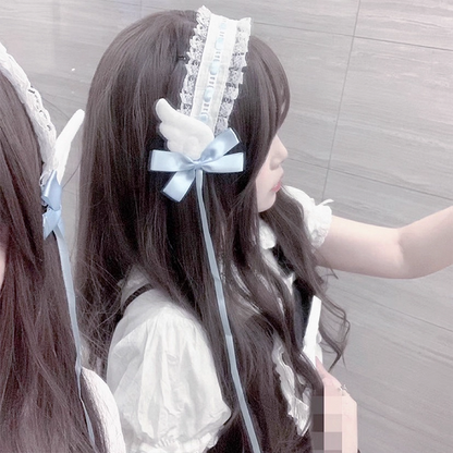 Jirai Kei Light Lace Hairband with Blue Plush Angel Wings Bow Ruffled