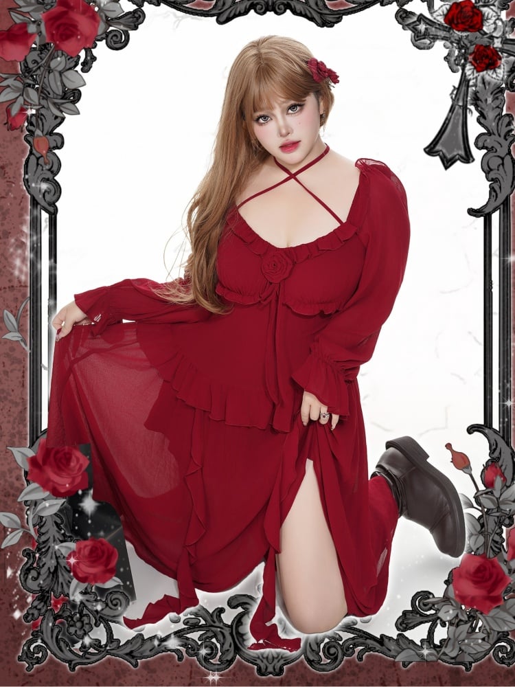 Plus Size Rosette Red Halter Neck Asymmetrical Dress