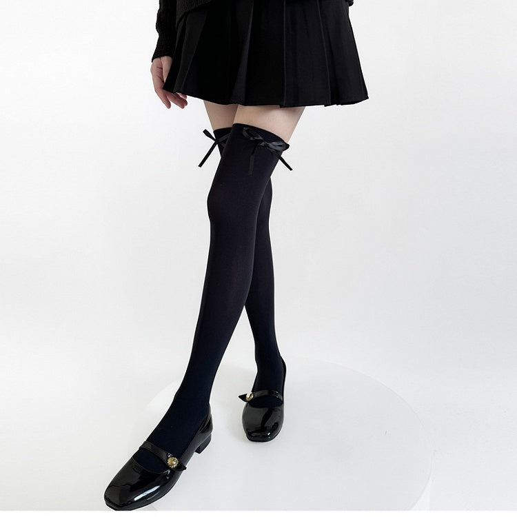 Black Stockings / Semi-sheer Accents Bow Gray JK White