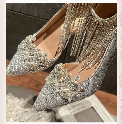 Silver Pointed Toe Rhinestone Sequin High Heels with Tassel
