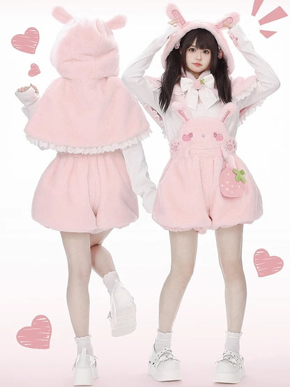 Cape à capuche en peluche avec oreilles de lapin roses et nœud en forme de fraise