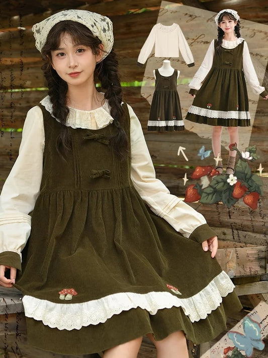 Robe salopette en velours côtelé à nœud papillon vert Mori Kei