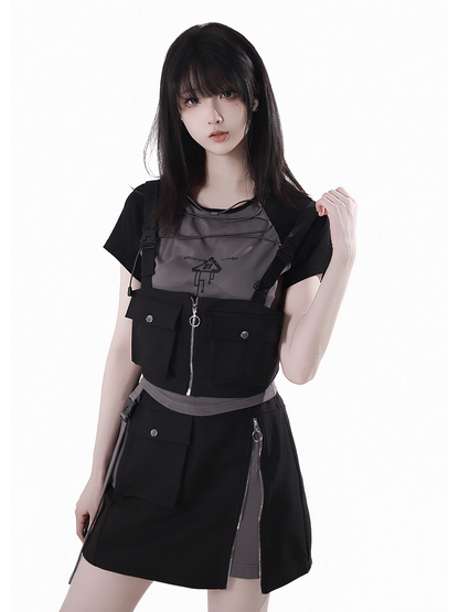 Black Snap and Zipper Detail Gray Techwear Skirt and