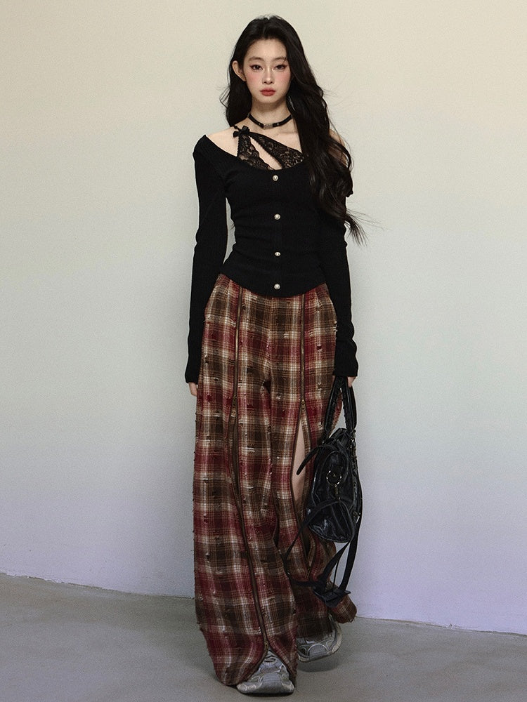 Red Zipper Straight Leg Cut Plaid Pants