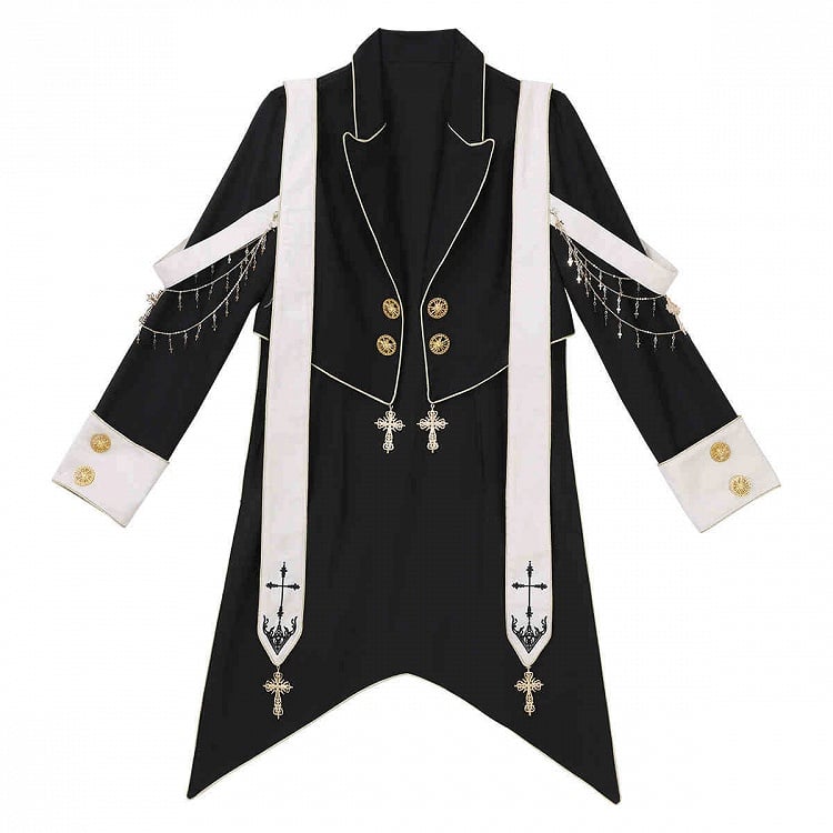 Black Ouji Lolita Cross Chains and Charms Stole Swallow Tail Blazer Coat