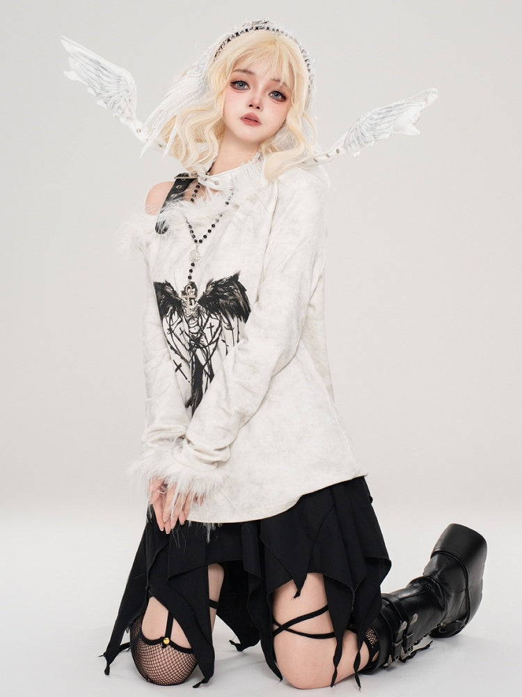 Haut asymétrique à manches longues et bordure en peluche style ange blanc lait punk