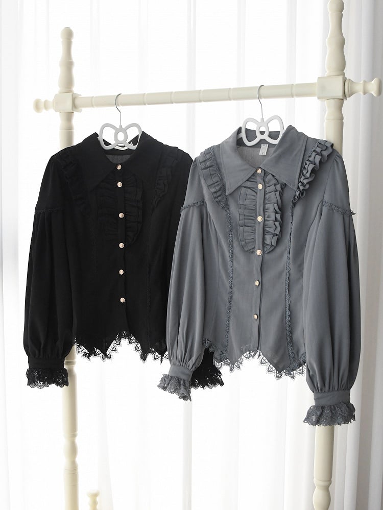 Gray Elegant Pointed Collar Long Sleeves Shirt