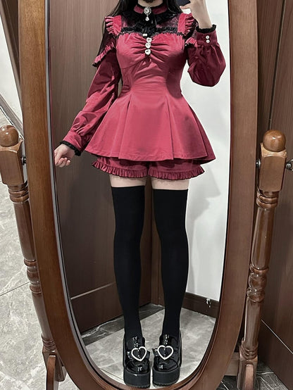 Wine Red Jirai Kei Set Contrast Lace Patches Velvet Landmine Style Dress + Bow Tie + Ruffle Cuffs Shorts