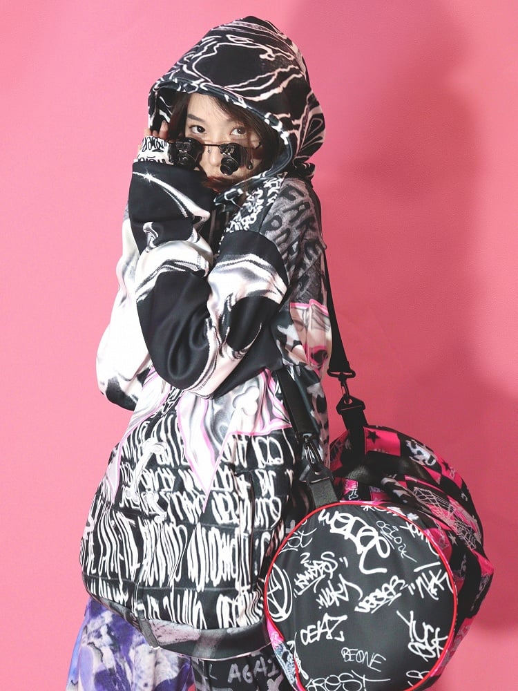 Closure Print Black Zip Letter Hoodie Pattern Bone Big Bow Gyaru Fashion