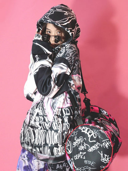 Closure Print Black Zip Letter Hoodie Pattern Bone Big Bow Gyaru Fashion