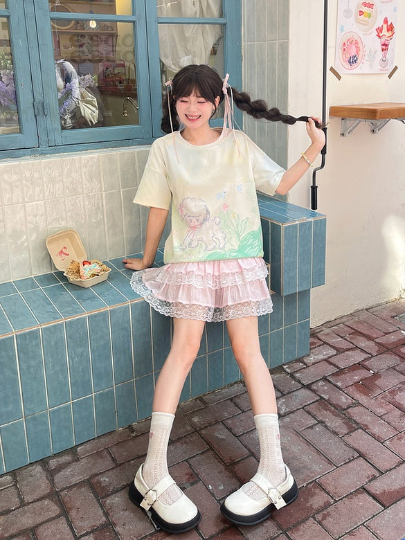 T-Shirt Light Green Round Neck Graffiti Lamb Print Loose