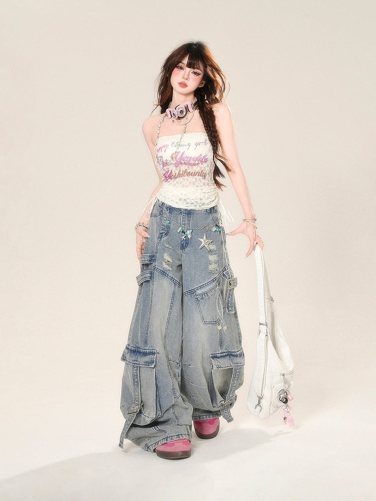 Wide-Leg Jeans Cargo Pockets Blue Distressed Holes Buckle Straps