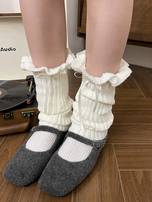 White Sweet Bowknot Knitted  Leg Warmers