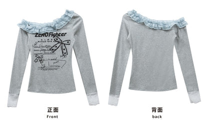 Grey Letters Asymmetrical Neckline Lace Cuffs Top
