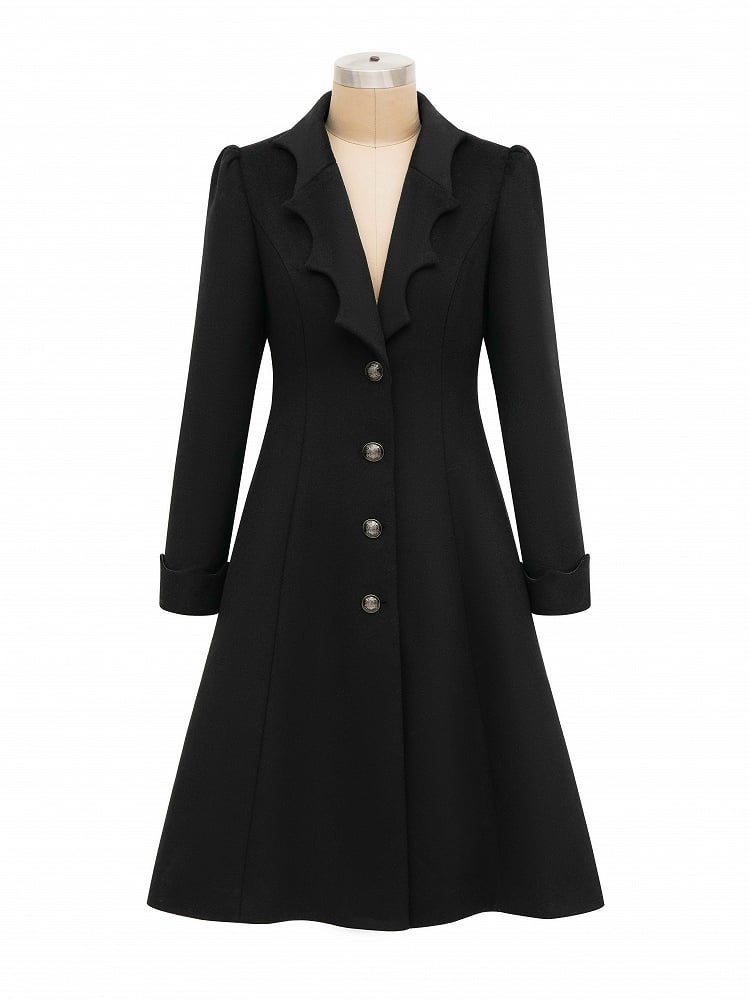 Schwarzer Gothic-Lolita-Mantel mit geschwungenem Kragen und Fledermausflügeln