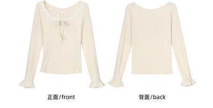 Apricot Lace Trim Long Sleeves Top Bowknot Details