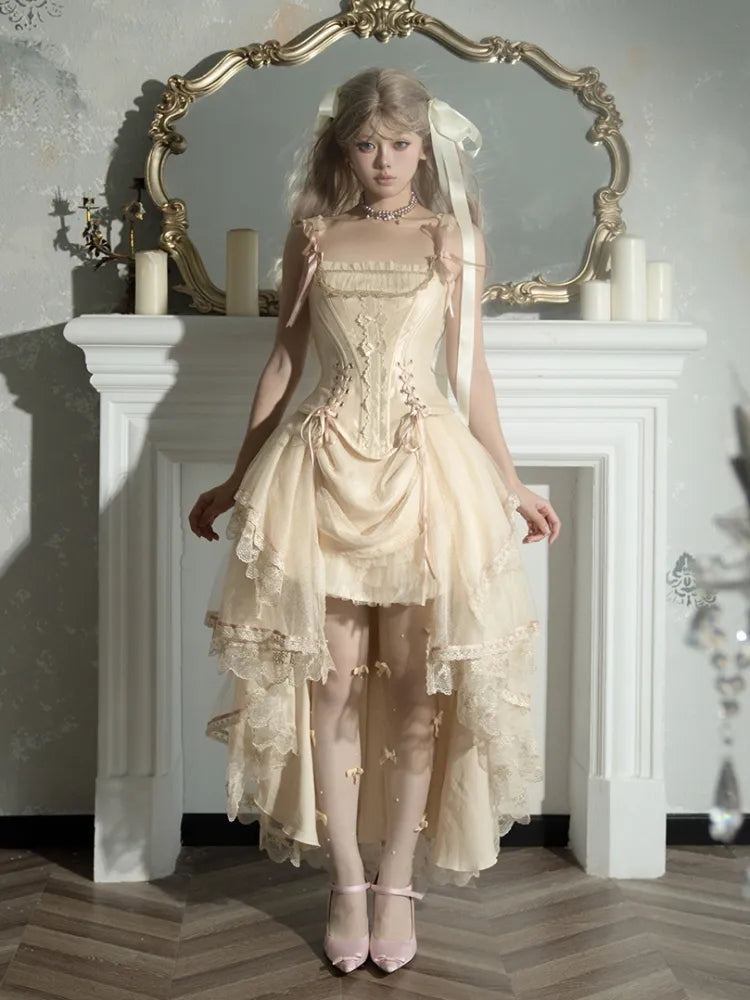 Champagne Lace-up Details Boned Corset Top + High-low Layered Lolita Skirt