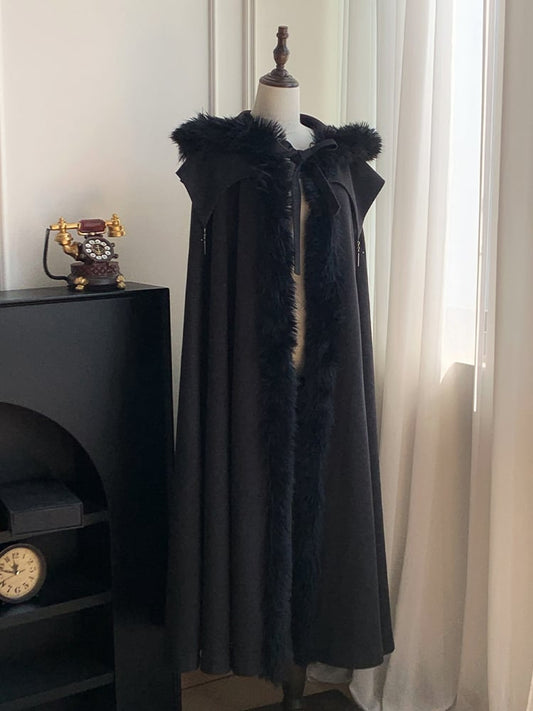 Witch Trim Cross with Fur Autumn for and Faux Winter Lolita Gothic Charms Black Cloak