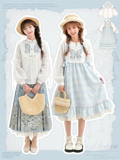 Robe Mori Kei brodée de papillons à carreaux bleus et blancs, style Alice au pays des merveilles