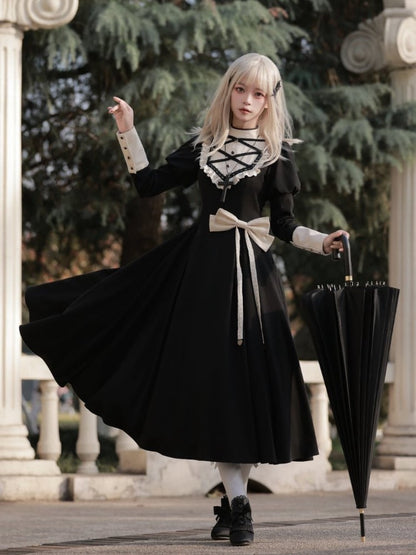 Robe noire élégante à manches Juliette, style lolita, manches longues, une pièce