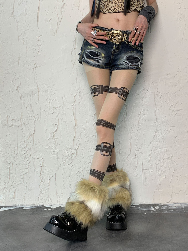 Ensemble de collants à bretelles et boucles punk nude, jambières hirsutes blanches et marron
