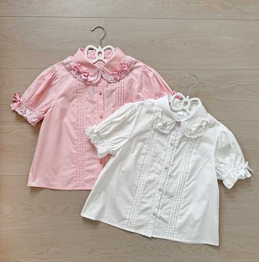 / Bluse Schleifen Klein Rosa Kurz Deko Ärmel Weiß