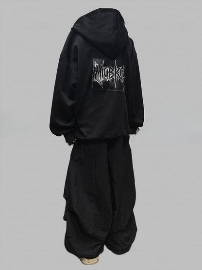 Applique Two-way Placket Zip Letter Black Jacket