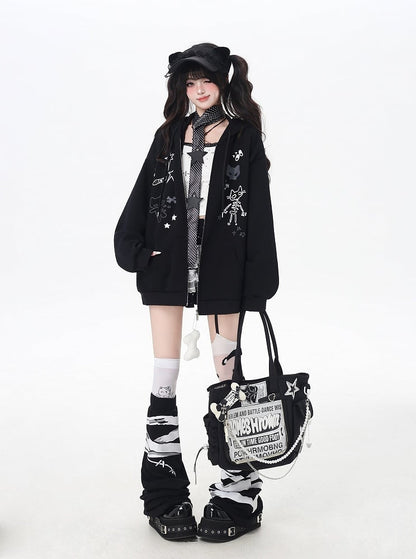 Bone Plushie Schwarz/Grau Zip-up Hoodie mit Kitty Ohren Kapuze und