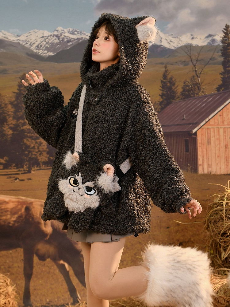 Coat Ears Hooded Fleece Wolf Gray
