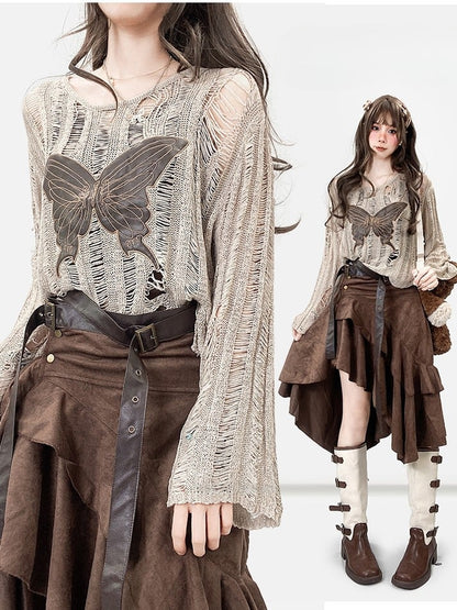 Cutout Butterfly Fashion Details Khaki Millard Applique Top