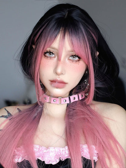 68CM And Black Wig Ombre Length Straight Bangs Air Pink With
