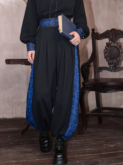 Blue Black Coral Drawsting Style	Wide-leg Cuff Pants Seahorse and Print Cheongsam