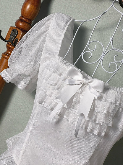 White Square Neckline Short Sleeves Blouse