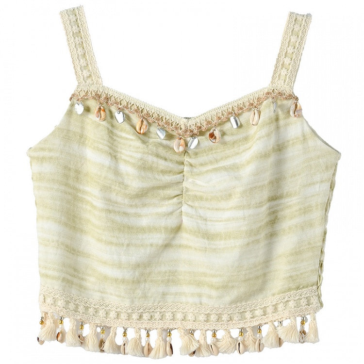 Cami Top Tassel Shell Charm Green Slim-fitting Hem