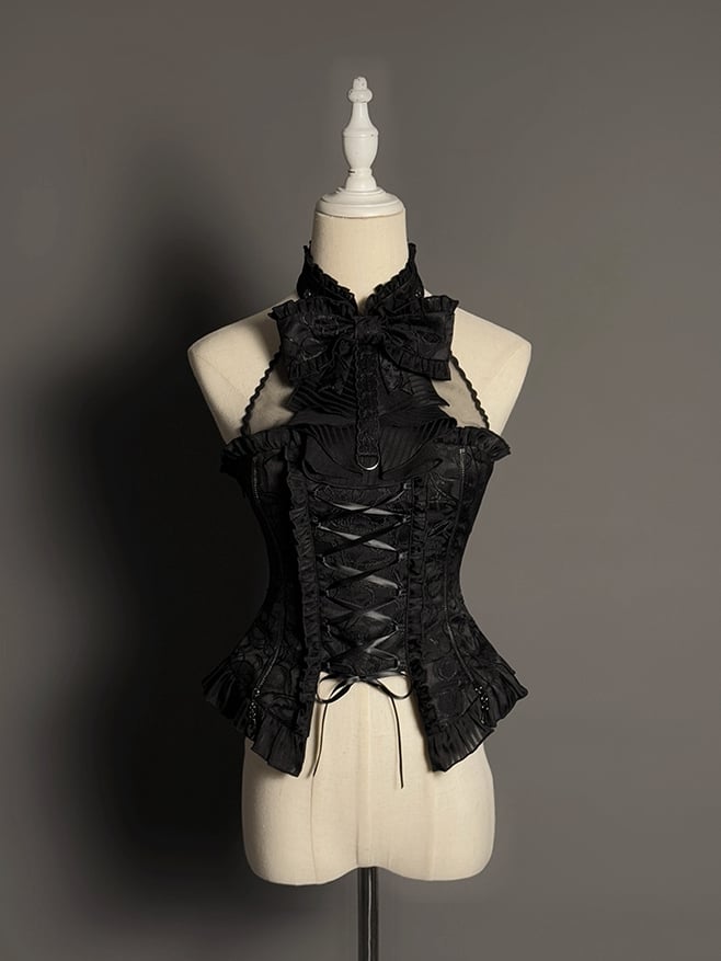 Skirt Set Sleeveless Kuro Lolita Gothic Tiered Full Halter Neck Top Black +