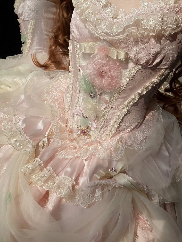 Robe princesse Lolita Hanayome à taille corset et baleines, motif floral rose