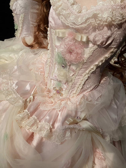Robe princesse Lolita Hanayome à taille corset et baleines, motif floral rose