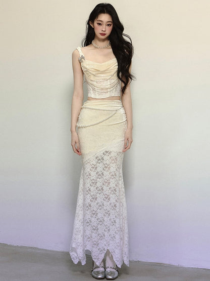 Apricot High Waist Lace Patchwork Mermaid Skirt