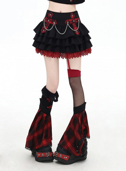 Pink/Red Plaid Cross Appliques Lace Trim Tiered Skirt Chains Decorated