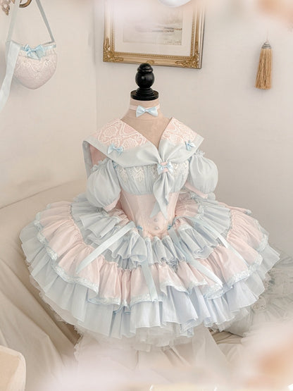 Pink and Blue Princess Corset Puffy Dress Tiered Ruffle Skirt Full Set