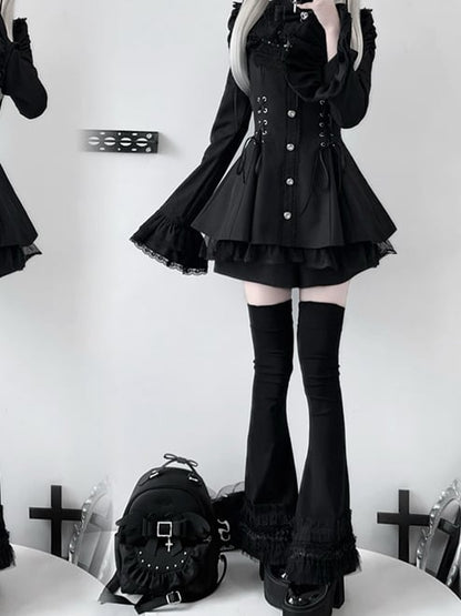 Matching Set: Sleeve Waist Shorts Bell Detachable Coord Tie Bow Lace-Up with Bib Jirai Kei Dress Black